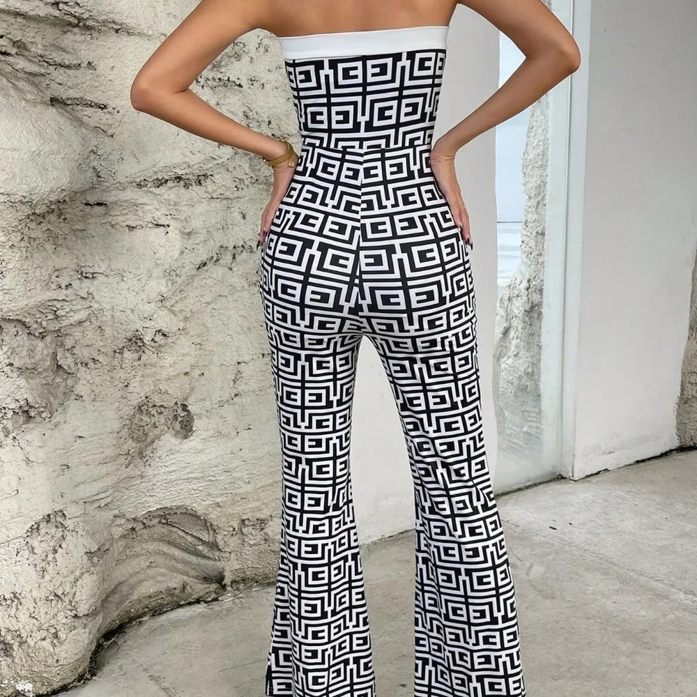 White & Black Preppy Womens Geo Print Button Front Tube Jumpsuit - Picture 2 of 6